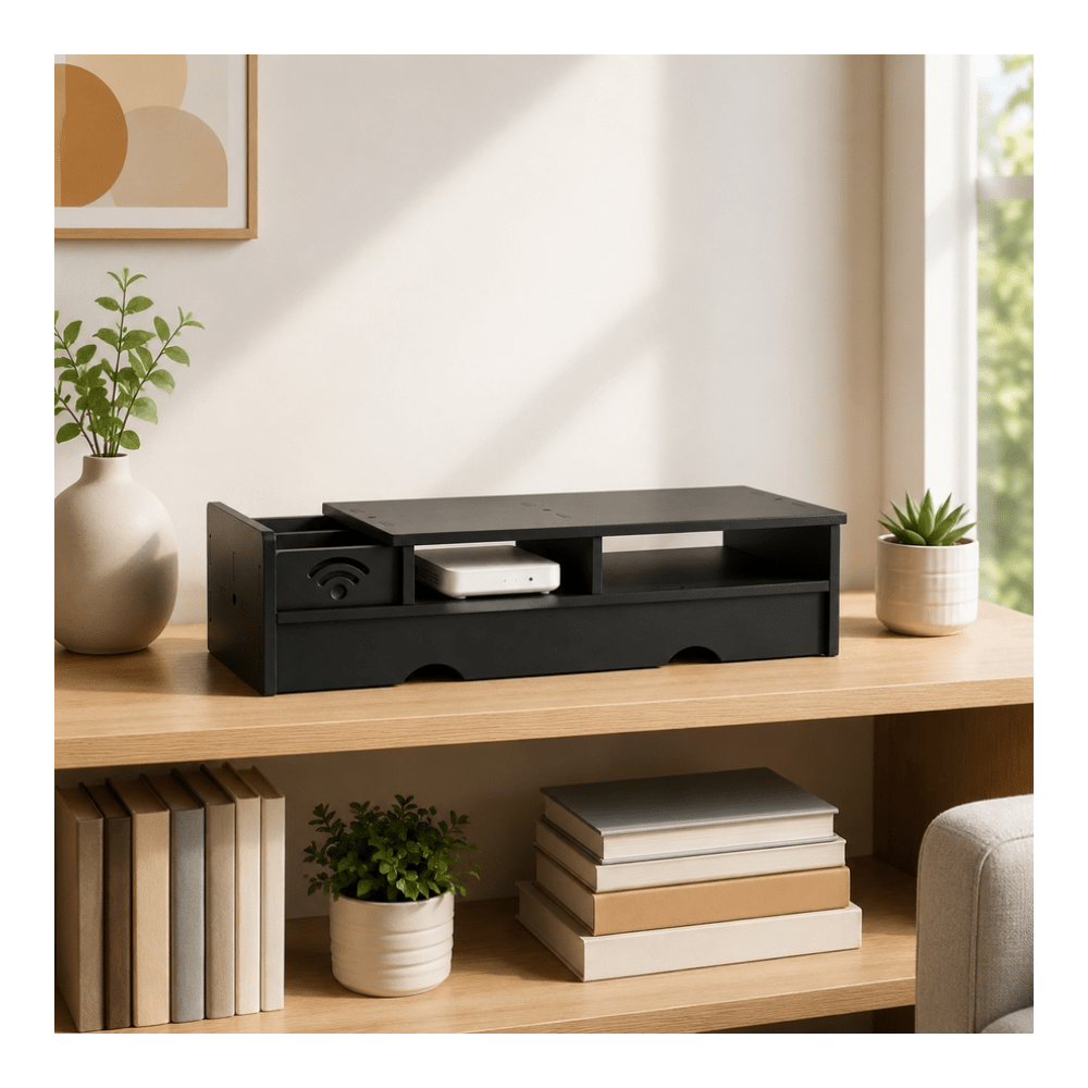 Office Tech And Space - صندوق تخزين راوتر واي فاي أسود